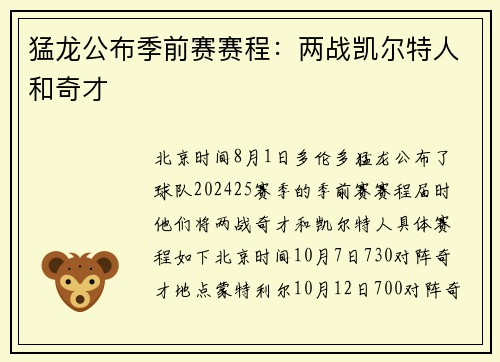 猛龙公布季前赛赛程：两战凯尔特人和奇才