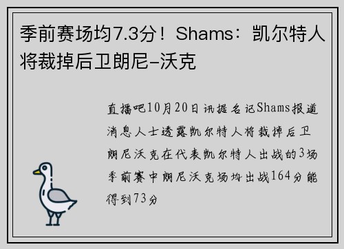 季前赛场均7.3分！Shams：凯尔特人将裁掉后卫朗尼-沃克